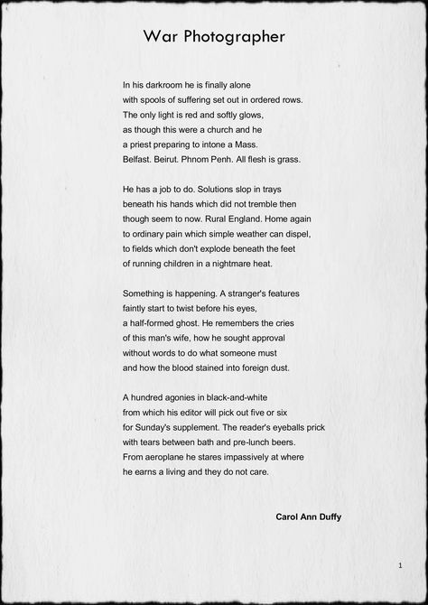 War Photographer- Carol Ann Duffy Carol Ann Duffy Poetry, Islamic Poems In English, Carol Ann Duffy Poems, Mini Poems, Poetic Paintings, English Subject, Photographer Quotes, Gcse English Literature, Carol Ann Duffy