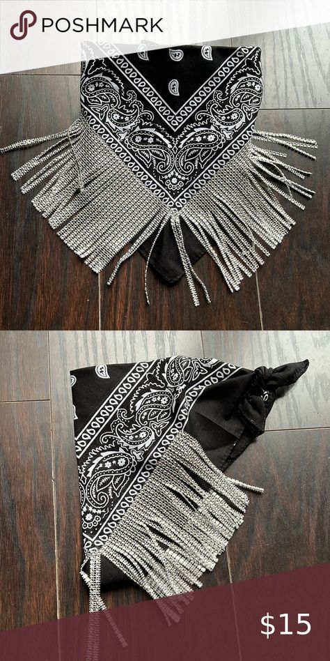 Rhinestone fringe bandana 🤠 Rhinestone Fringe Bandana, Fringe Bandana, Western Bling, Black Bandana, Rhinestone Fringe, Bachelorette Party, Jewelry Watches, Outfit Inspo, I Love