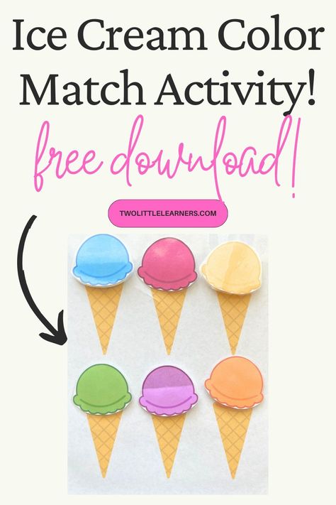 Read all about a free ice cream color matching printable and color activities for toddlers and preschoolers. This is an ice cream color matching activity, color matching activities for toddlers, learning colors activities, and color printables. Find out more about color preschool activities and color worksheets for preschool at twolittlelearners.com Colors Activities For Toddlers, Color Preschool Activities, Matching Activities For Toddlers, Color Matching Activities, Color Preschool, Printable Toddler Activities, Color Printables, Learning Colors Activities, Colors Activities