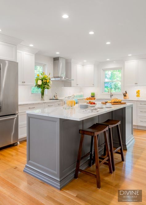 Recessed Lighting Over Kitchen Island, Charcoal Kitchen Island, Kitchen Grey Island, Grey Island, Kitchen With Peninsula, Charcoal Kitchen, Herringbone Tile Backsplash, Gray Island, Lights Over Kitchen Island