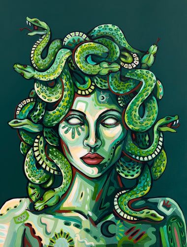 Black Snake Painting, Medusa Color, Snake Artwork, Medusa Painting, Pintura Hippie, Snake Painting, Greek Paintings, Medusa Art, Paint Inspo