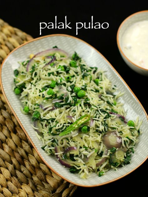 Palak Rice Recipe Indian, Palak Rice Recipe, Spinach Rice Recipe, Palak Rice, Cooked Rice Recipes, Recipe Spinach, Spinach Rice, Hebbar's Kitchen, Tiffin Recipe