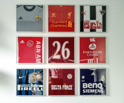 Football Shirt Display Ideas, Sports Jersey Display Ideas, Framed T Shirt Wall Art, Soccer Display Ideas, Framed Soccer Jersey, Framed Football Shirts On Wall, Soccer Man Cave, Teenage Boys Bedroom Ideas Football, Jersey Collection Display