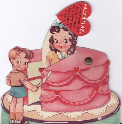 F190-Girl Pops Out of the Pink Cake-Vintage Unused Mechanical Valentine Card (02/08/2012) Cake Valentine, Childrens Valentines, Kids Notes, Victorian Valentines, Farm Kids, Vintage Valentine Cards, Bear Valentines, Kids Candy, Valentine Greeting Cards