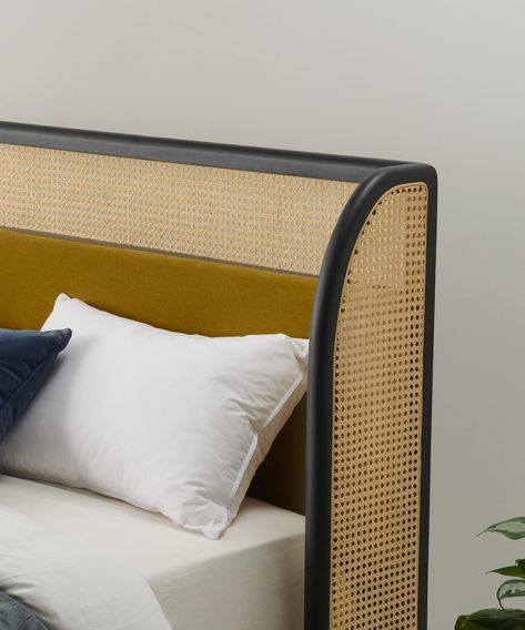 Ankhara King Size Bed, Rattan & Black Stain Oak, Vintage Gold Velvet | MADE.com Headboard Ideas Rattan, King Size Headboard Ideas, Rattan Bed Frame, King Size Beds, House Concept, Headboard Ideas, Rattan Bed, Rattan Headboard, Black Headboard