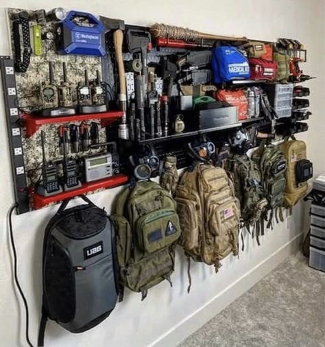 Camera Gear Shelves, Gear Shed, Gear Storage Ideas, Hiking Storage, Outdoor Gear Storage, Gear Garage, Gear Wall, Gear Room, Wall Storage Systems