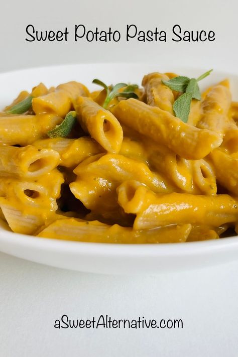 This sweet potato pasta sauce is rich, creamy, and delicious. It's perfect for a fall or winter dinner or lunch. Sweet Potato Pasta Recipe, Sweet Potato Pasta Sauce, Sweet Potato Sauce, Red Pepper Pasta Sauce, Beet Pasta, Sweet Potato Pasta, Carrot Pasta, Potato Pasta, Baked Asparagus