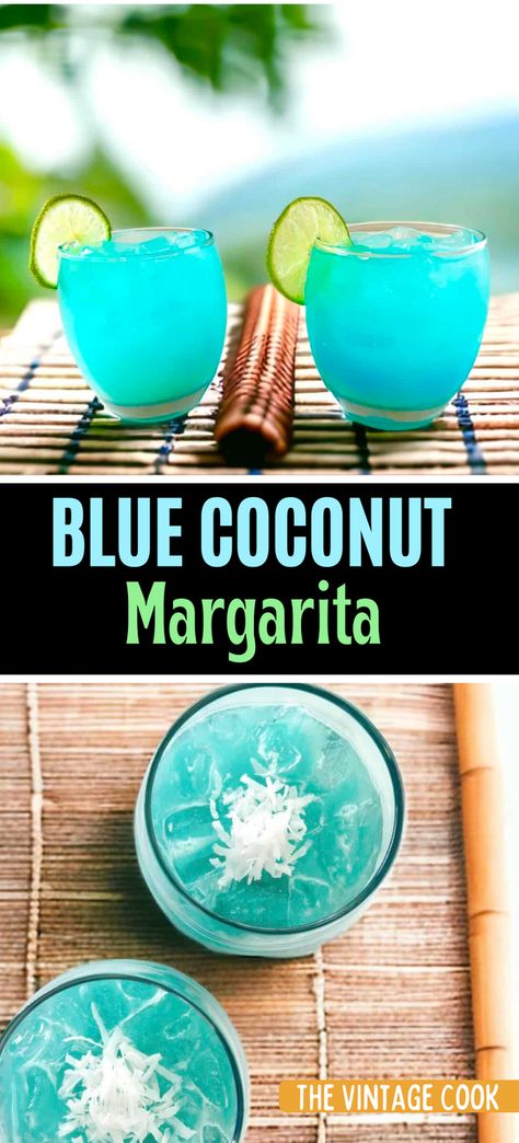 Lots of Coconut Flavor to this Blue and Lime Cocktail! 
My Blue Coconut Margarita Drink takes you on a tropical get-away. I serve these with a block ice cube and no sugar or salt on the rim. This is one of my favorites inspired by a recipe I had at a top notch restaurant. Cocktail With Coconut Water, Blue Curacao Margarita, Blue Margarita Recipe Curacao, Blue Coconut Margarita, Blue Coconut Cocktail, Drinks With Blue Curacao, Cocktail Recipes Pitcher, Coconut Lime Margarita Recipe, Blue Margarita Recipe