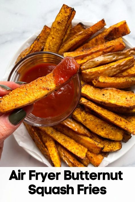 Air Fryer Butternut Squash Fries are easy to make, crispy and delicious. These fries are seasoned with chili powder, salt and pepper! Butter Nut Squash Air Fryer Recipes, Butternut Squash In The Air Fryer, Acorn Squash Fries Air Fryer, Air Fryer Veggie Fries, Roasted Butternut Squash Air Fryer, Air Fried Butternut Squash, Butternut Squash Airfryer, Crispy Butternut Squash Fries, Butternut Air Fryer