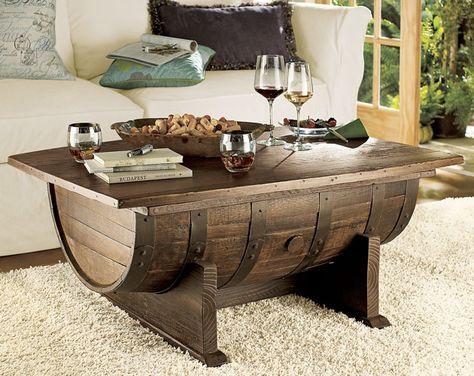 What better way to show your appreciation for the naughty water than with the whiskey coffee table. This distinguished coffee table will class up the room all the while reminding you that the next drink isn't too far away. This awesome table is designed to resemble a stored distillery barrel because it's actually made from… Whiskey Barrel Coffee Table, Wine Barrel Coffee Table, Wine Barrel Table, Barrel Coffee Table, Barrel Table, Barrel Furniture, Unique Coffee Table, Rustic Coffee Tables, Diy Coffee Table