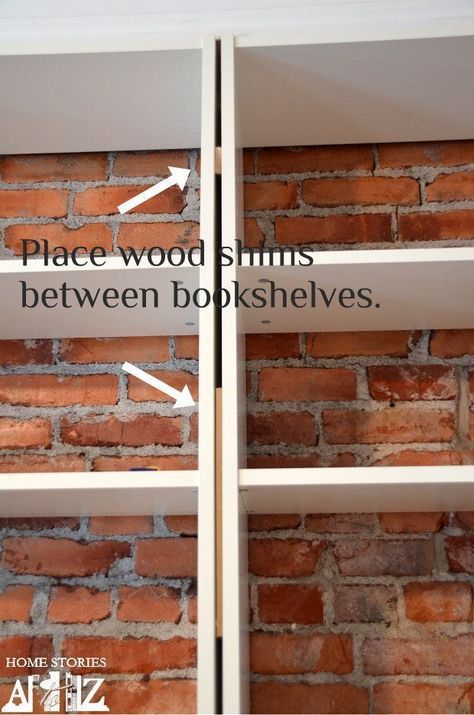 Billy Bookcase Hack Half Wall, Trim Billy Bookcase, How To Connect Billy Bookcases, How To Attach Shelves To Walls, Trim On Bookshelves, Brick Wall Bookshelves, Billy Bookcase Built In Hack, Book Shelf Ideas Apartment, Bookcase In Closet