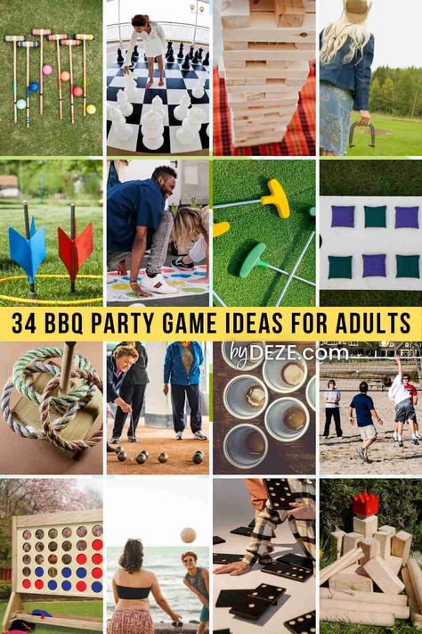 34 Fun-Filled BBQ Party Game Ideas for Adults - byDeze Party Game Ideas For Adults, Game Ideas For Adults, Bbq Party Games, Adult Summer Party, Backyard Bbq Party Decorations, Bbq Theme Party, Games Ideas For Adults, Outdoor Summer Party, Party Games Ideas