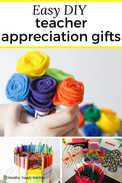 DIY teacher appreciation gifts | Healthy, happy teacher Kid Made Teacher Appreciation Gifts, Easy Diy Teacher Gifts, Easy Teacher Appreciation Gifts Diy, Kids Crafts For Teachers Appreciation, Teacher Appreciation Bouquet, Teacher Appreciation Craft From Students, Diy Teacher Gifts Appreciation, Budget Friendly Teacher Appreciation, Handmade Gifts For Teachers Diy Crafts