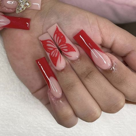 Nails Coffin Butterfly, Butterflies Nails Acrylics, Dance Nails, Long Red Nails, Quinceanera Nails, Butterfly Nail Designs, Glitter Nails Acrylic, Red Acrylic Nails, Long Acrylic Nail Designs