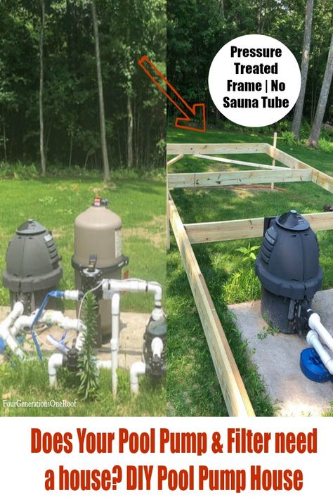 Pressure Treated wood frame around a DE Pool Filter and pump | How to build a pool pump house. #diy #poolhouse #poolpump Pool Pump House Ideas, Pool Pump Shed, Pool Filter Landscaping Ideas, Pump House Ideas, Pool Pump House, Stock Tank Pool Pump Install, Above Ground Pool Pvc Plumbing, Intex Pool Pump, Barn Makeover