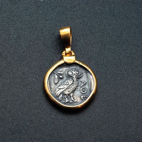 Ancient Greek Coin Necklace with Owl Goddess Athena Symbol, Mens Coin Pendant, Statement Necklace, Mens Coin Jewelry Gift, Greek JewelryAncient Greek Athenian coin pendant with the owl of Athens, with an olive sprig and the inscription ΑΘΕ ( of the Athenians )Museum replica of Tetradrachm of Ath Owl Goddess, Athena Symbol, Goddess Athena, Ancient Greek Coin, Necklace Mens, Greek Coins, Coin Pendant Necklace, Greek Jewelry, Crescent Moon Necklace