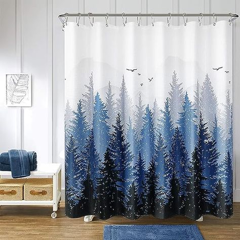 Amazon.com: Hokibero Blue Misty Forest Mountain Nature Tree Fabric Shower Curtains for Bathroom Waterproof Heavy Duty Navy Blue and White Woohitedland Shower Curtain Bathtubs Hotel, 72 x 72 inch : Home & Kitchen Outer Linen, Linen Shower Curtain, Mountains And Water, Shower Curtain Black, Extra Long Shower Curtain, Curtains For Bathroom, Tree Mountain, Forest Fabric, Winter Shower