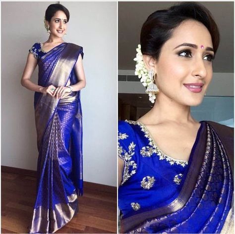 Exclusive Collection of Indian Celebrity Sarees and Designer Blouses Hair Styles Elegant, Blue Sari, Pragya Jaiswal, Lichi Silk Saree, Wedding Dresses Ideas, Trendy Hair Styles, Elegant Wedding Dresses, Blue Silk Saree, Bridal Sarees South Indian