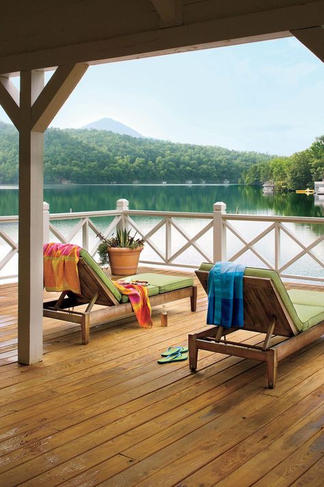 Deck with a View | How one couple turned a run-down Georgia lake house into the retreat of their dreams. Cabin Makeover, Lakeside Cabin, Wooden Deck, Lakeside Living, Lakeside Cottage, Chaise Lounge Chairs, Lake Living, Cottage Cabin, Lake Cottage