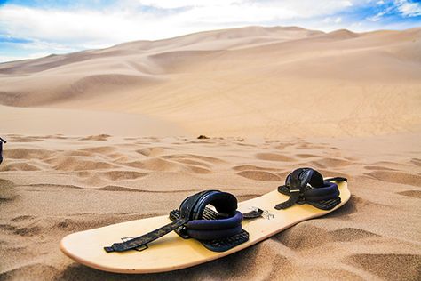 Sandboarding and Sand Sledding at Great Sand Dunes National Park in Colorado Sand Sledding, Sand Sled, Colorado Pictures, Surf Boat, Sand Boarding, Colorado Life, Great Sand Dunes National Park, Road Trip To Colorado, Great Sand Dunes