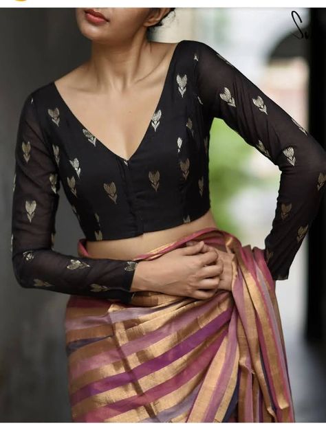 Blouse With Full Sleeves, Full Sleeves Blouse Designs, Black Blouse Designs, Full Sleeve Blouse, Fashionable Saree Blouse Designs, Blouse Designs Indian, Blouse Designs Silk, Indian Blouse, Trendy Blouses