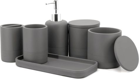 Amazon.com: ZCCZ - Grey Bathroom Accessories Set 6 Pcs - Toothbrush Holder, Lotion Soap Dispenser, 2 Qtip Holder Dispenser, Vanity Tray, Bathroom Tumbler - Decorative Countertop Vanity Organizer : Home & Kitchen Vanity Tray Bathroom, Grey Bathroom Accessories, Countertop Vanity, Gray Bathroom Accessories, Vanity Organizer, Bathroom Tumbler, Bathroom Accessories Set, Grey Bathroom, Vanity Organization