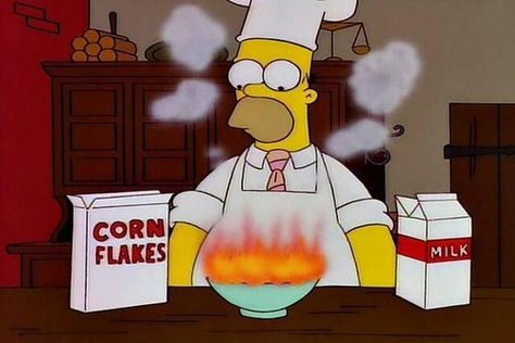 Cereal and milk... he still burns it! Self Efficacy, Corn Flakes, Homer Simpson, You Gave Up, Horror Stories, Crazy Cat Lady, The Simpsons, Crazy Cats, Bart Simpson