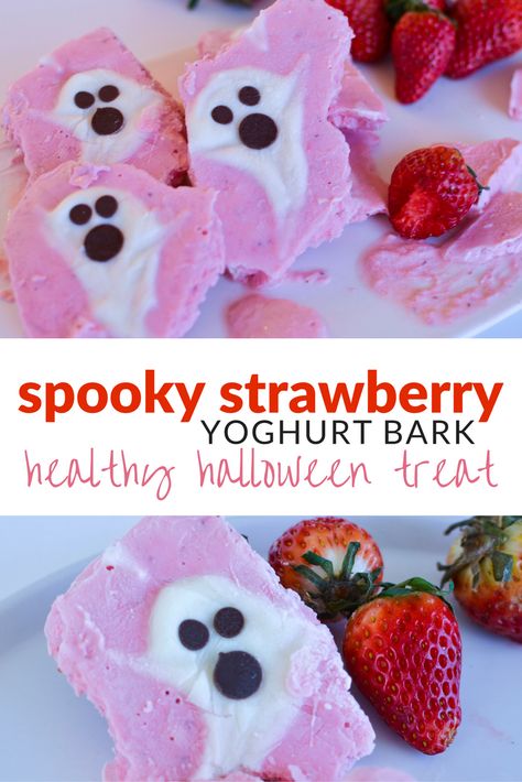 How to make spooky strawberry frozen yoghurt bark. A Healthy Halloween Treat Yogurt Halloween Treats, Halloween Yogurt Bark, Healthy Halloween Treats For Kids, Halloween Bark Recipes, Healthy Halloween Party Food, Yoghurt Bark, Fun Halloween Party Food, Halloween Cooking, Frozen Halloween