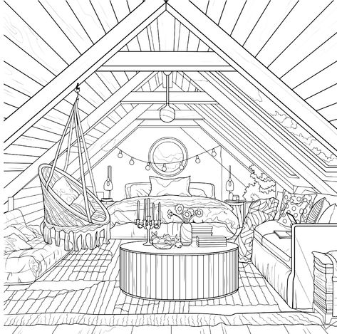 Coloring Pages Room, Colouring Book Aesthetic, Coloring Pages Rapunzel, Tangled Printables, Bedroom Coloring Pages, Interior Design Coloring Pages, Aesthetic Colouring Pages, Interior Coloring Pages, Room Coloring Pages