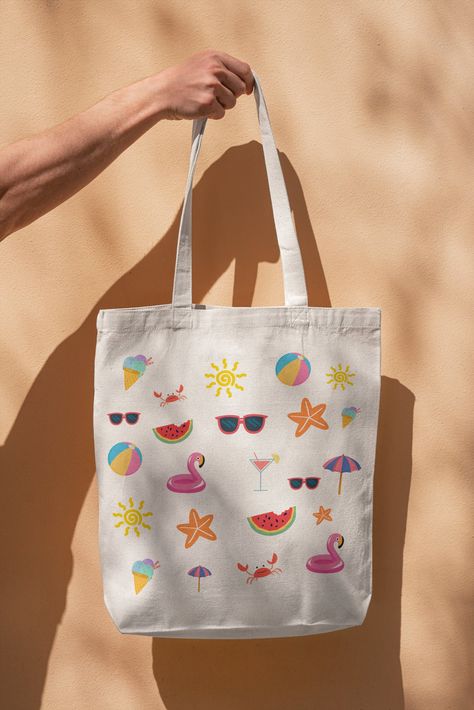 Tote Bag Summer Design, Summer Tote Bag Ideas, Summer Tote Bag Painting, Tote Bag Painting Ideas Summer, Summer Tote Bag Design, Tote Bag Summer, Summer Tote Bag, Canvas Leather Tote Bag, Colorful Tote Bags