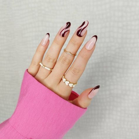 French Tips With Swirls, Nails Maroon Burgundy, Nails Maroon, Red French Tips, Red French Tip, Nails Autumn, Red French, Abstract Waves, False Nails