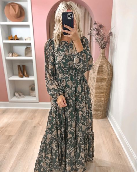 Fall is here at Dani-Rae! Shop these new arrivals online today 🛍️ Shoes To Wear With Long Dress, Modest Outfits Dresses, Long Sleeved Maxi Dress Fall, Fall Midi Dress, Long Fall Dresses, Baptism Dresses, Long Sleeve Floral Maxi Dress, Church Dresses For Women, Romper Fall