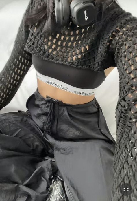 Hot Outfit Female, Extreme Cropped Sweater Outfit, Aespa Core Clothes, Sweater Tied Across Chest, Crochet Grunge Aesthetic, Bikercore Style Women, Black Fits Aesthetic, Black Fancy Outfits, Suberversive Fashion