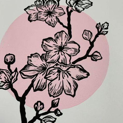 "Sakura" Linocut Print | Ridge + Roots Linoleum Print Ideas Flower, Cherry Blossom Linocut, Japanese Linocut, Lunar Garden, Nootka Rose, Japanese Block Print, Pink Circle, Blossom Branch, Cherry Blossom Branch