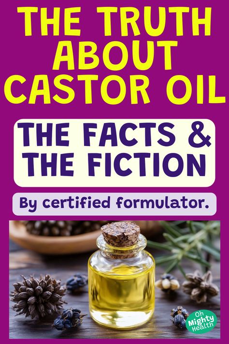 Small glass bottle of golden castor oil surrounded by castor bean pods and seeds on wooden surface. Text overlay reads "The Truth About Castor Oil: The Facts & The Fiction" in bright yellow and purple on magenta background. Subtitle states "By certified formulator." Castor Oil Benefits Skin, Using Castor Oil, Castor Oil Uses, Castor Oil For Skin, Castor Oil Eyelashes, Castor Oil For Hair Growth, Castor Oil Benefits, Salve Recipes, Castor Oil Packs