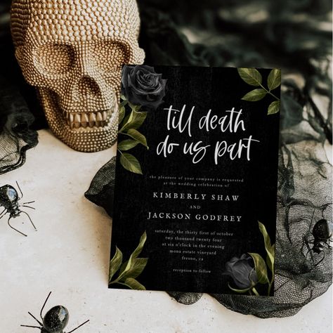 $1.90 | Halloween Gothic Wedding Invitation #halloweengothicwedding #tilldeathdouspart #halloweenweddinginvite #gothicwedding #gothicinvitation #blackroses #hallowedding #fallwedding #spookywedding #octoberwedding Halloween Bridal Showers, Gothic Wedding Invitations, Halloween Wedding Invitations, Dark Wedding Theme, Halloween Themed Wedding, Wedding Rehearsal Dinner Invitations, Invitation Halloween, Halloween Gothic, Dark Wedding