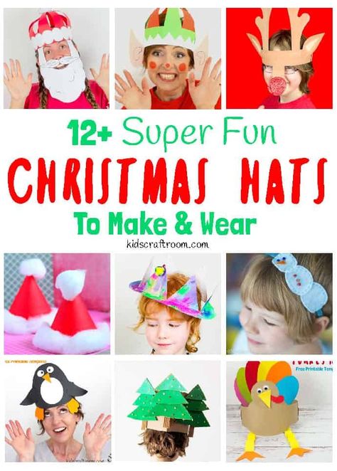 These CHRISTMAS HATS FOR KIDS TO MAKE AND WEAR are so fun! Some are free printables and some use easy craft materials you've probably got already. All of these Christmas hat ideas are easy and great Christmas crafts to enjoy all season long. #kidscraftroom #Christmascrafts #hats #headbands #Christmashats #christmasheadbands #kidscrafts #kidsactivities #santahat #elfhat #reindeerhat #Christmas Funny Christmas Hats Diy, Christmas Hats Ideas Diy, Christmas Hat Diy, Elf Hat Craft, Tree Paper Craft, Santa Hat Crafts, Diy Christmas Hats, Diy Crackers, Cardboard Christmas Tree