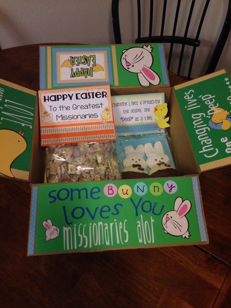 Missionary Easter box Missionary Easter Package Ideas, Missionary Care Packages, Missionary Gifts, Package Ideas, College Care Package, Care Packages, Easter Ideas, Basket Ideas, Care Package