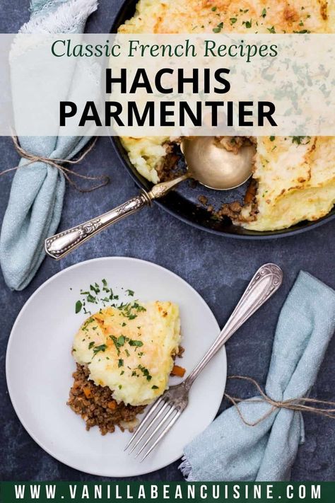 Hachis Parmentier is a classic French dish that features a savory ground beef mixture covered by fluffy, cheesy mashed potatoes. Comforting and hearty! French Ground Beef Recipes, French Pie, Hamburger Casseroles, French Recipes Authentic, Autumn Cooking, Recipes French, French Potatoes, 2024 Party, Fall Dinners