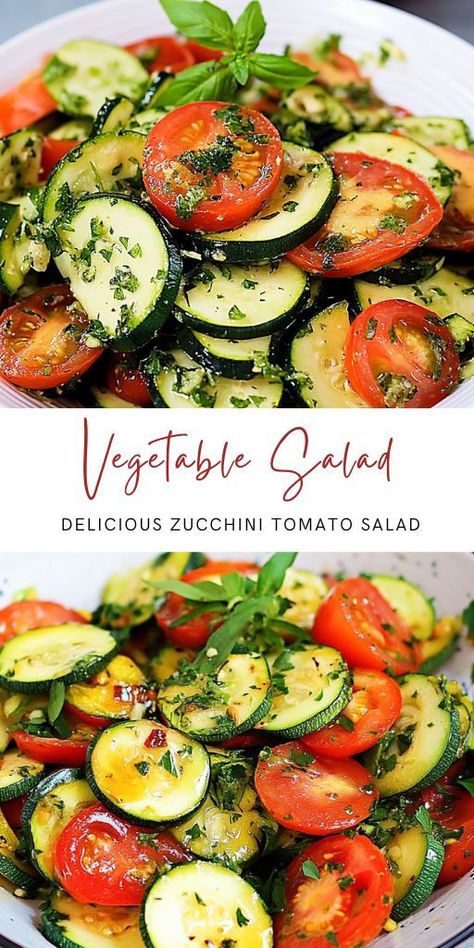 Delicious Zucchini Tomato Salad Ingredients: 200 g tomatoes 1 medium zucchini Salt Black pepper 1 garlic clove Fresh parsley Fresh dill 2 tablespoons olive oil #Tomato #Zucchini Tomato Zucchini Salad, Zucchini And Tomato Salad, Tomato Zucchini Recipes, Zucchini Tomato Recipes, Zucchini And Tomato Recipes, Easy Salad Recipes Lettuce, Zucchini Tomato Salad, Tomato Lunch, Roasted Zucchini Salad