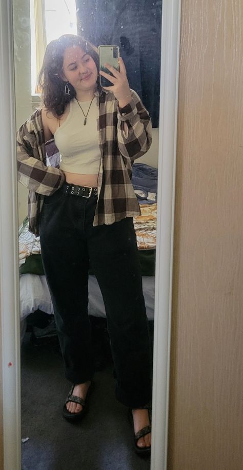 black Levi jeans, h&m brown checkered overshirt, white tank top, crystal necklace, black and white tevas Black And White Checkered Outfit, White Tevas, Crystal Necklace Black, Checkered Outfit, Black Levi Jeans, Brown Checkered, Black Button Up Shirt, Flannel Outfits, Digital Closet