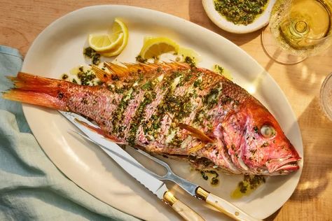 Whole Roasted or Grilled Red Snapper Recipe Grilled Whole Snapper, Whole Red Snapper Recipes Baked, Grilled Snapper, Whole Red Snapper, Red Snapper Recipe, Seafood Main Course, Grilled Red Snapper, Red Snapper Recipes, Snapper Recipes