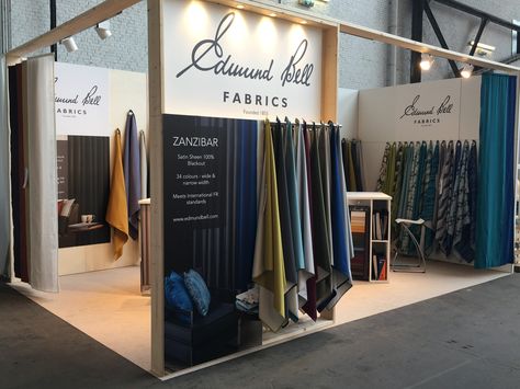 Edmund Bell at MoOD 2016 #exhibition #display #fabric #fabricdisplay #curtains Fabric Exhibition Design, Textile Exhibition Display Ideas, Textile Display Exhibitions, Textile Booth Design, Curtain Shop Display Ideas, Fabric Exhibition Display, Blanket Display Ideas Retail, Curtain Display Ideas, Textile Exhibition Display