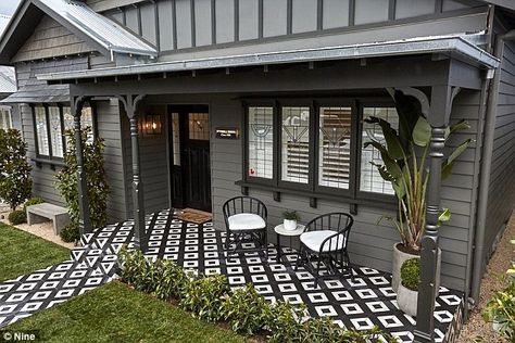 Statement: Abstract black and white tiles feature throughout the front porch and pathway ... Porch Tile, House Colours, Building A Porch, Casas Coloniales, Front Patio, Black And White Tiles, Patio Roof, House With Porch, House Paint Exterior