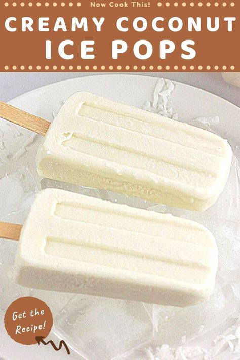 These easy Creamy Coconut Ice Pops are made with coconut milk and are a cool, refreshing, and delicious frozen treat perfect for hot summer days. They're sweet, wonderfully creamy, and filled with bits of chewy coconut (so good). If you like coconut, you're going to love these coconut milk ice pops! Get the recipe and try them! Popsicles With Coconut Milk, Mexican Coconut Popsicles, Coconut Water Ice Pops, Homemade Coconut Popsicles, Popsicle Recipes Coconut Milk, Creamy Coconut Popsicles, Popsicle Recipes Creamy, Coconut Milk Popsicle Recipes, Coconut Cream Popsicle Recipes