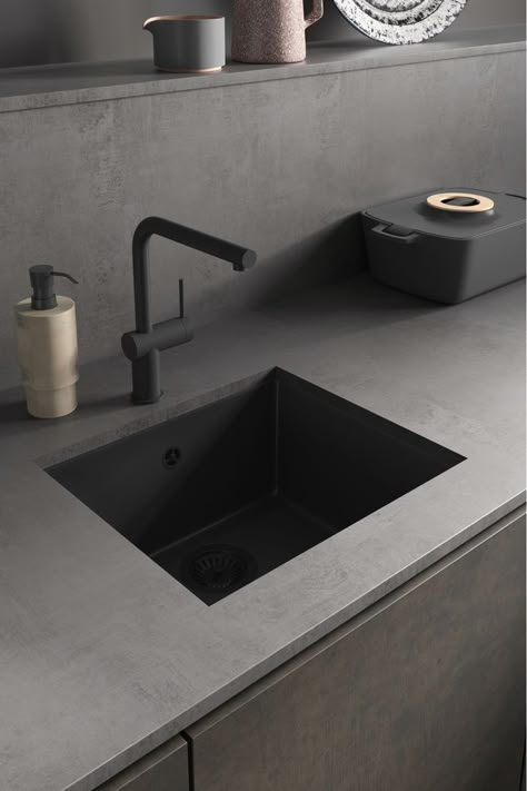 Minimalist Sink Kitchen, Black Matte Sink Kitchen, Black Kitchen Tap And Sink, Black Sink Kitchen Grey Countertop, Black Tapware Kitchen, Black Undermount Sink, Black Sink Kitchen, Black Kitchen Tap, Handleless Kitchen Cabinets