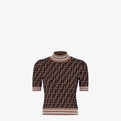 Lux Closet, Fendi Outfit, Fendi Sweater, Slim Fit Sweater, Jersey Sweatshirt, Brown Silk, How To Make Handbags, Brown Sweater, Luxury Women