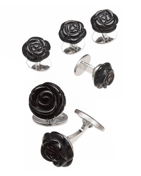 JAN LESLIE ONYX CARVED ROSE TUXEDO CUFF LINK AND STUD SET. #janleslie Onyx Cufflinks, Tuxedo Studs, Cufflink Set, Stud Set, Silver Cufflinks, Pearl Gemstone, Cuff Links, Sterling Silver Studs, Black Onyx