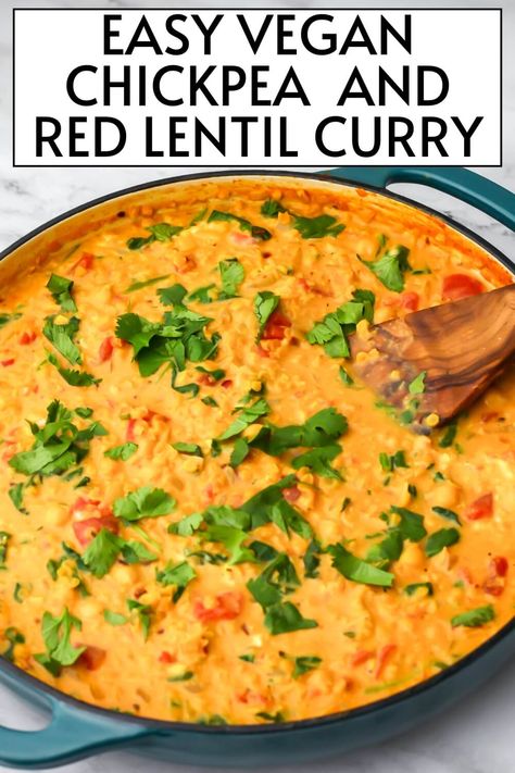 Red Lentil Chickpea Curry, Lentil And Chickpea Curry, Chickpea Lentil Curry, Curry Lentil Recipes, Chickpea Lentil, Curry With Chickpeas, Coconut Milk Sauce, Red Lentil Curry, Lentil Curry Recipes