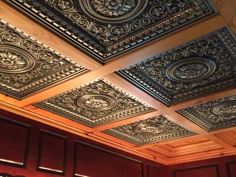 Related image Tin And Wood Ceiling, Coiffured Ceiling, Decorative Ceiling Ideas, Craftsman Basement, Versailles Interior, Wood Coffered Ceiling, Gentleman Office, Drop Ceiling Panels, Wood Ceiling Panels